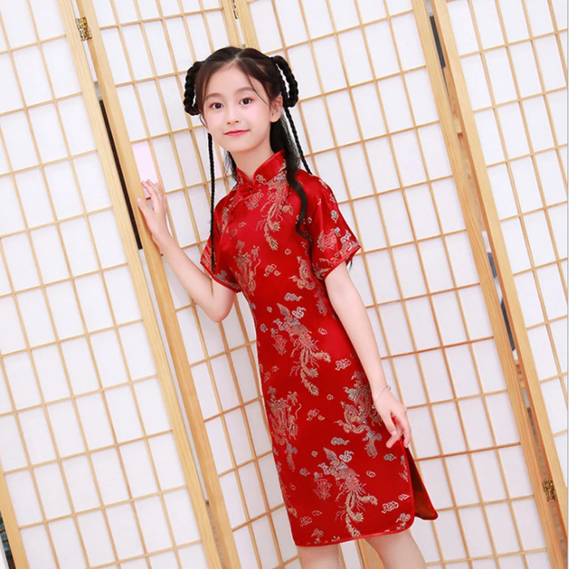 사랑스러운 소녀 부드러운 새틴 cheongsam 드레스 귀여운 공주 소녀 드레스 키즈 파티 공 가운 드레스 새해 cheongsam 의류