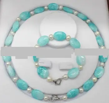 

Pretty 13x18mm Blue Aquamarine & White Freshwater Pearl Necklace Bracelet Set