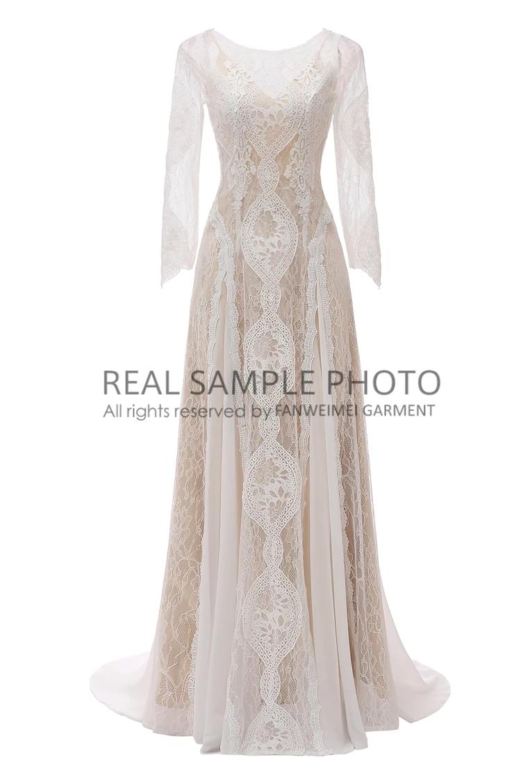 wedding gown Factory Price 100 % Real Sample Photo Long Sleeve Backless O-Neck Lace Boho Bohemian  Beach Wedding Dress Bridal Gown wedding gown Wedding Dresses