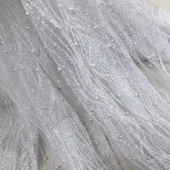 

wave pattern beaded african french net lace fabric with glued gilliter JOY-22701 african tulle lace fabric for part dress