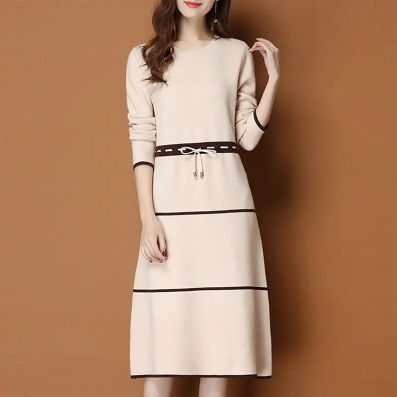 O-Neck Women Sweater Dress Mid-Calf Long Autumn Winter Korean Elegant Thick Warm Female Dresses Slim Soft Rib Knitted dresses
