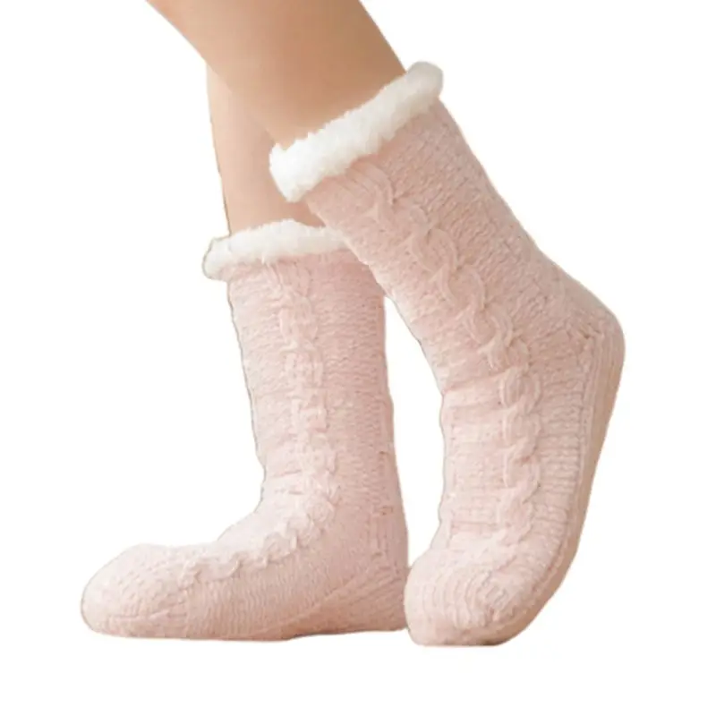 Женские зимние теплые пушистые плюшевые вязаные тапки с подкладкой из синели носки с захватами