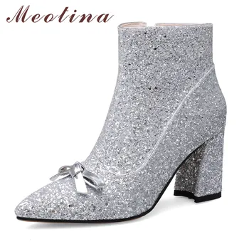 

Meotina Winter Ankle Boots Women Glitter Chunky Heels Short Boots Bow Zipper Super High Heel Red Bridal Shoes Female Size 34-39