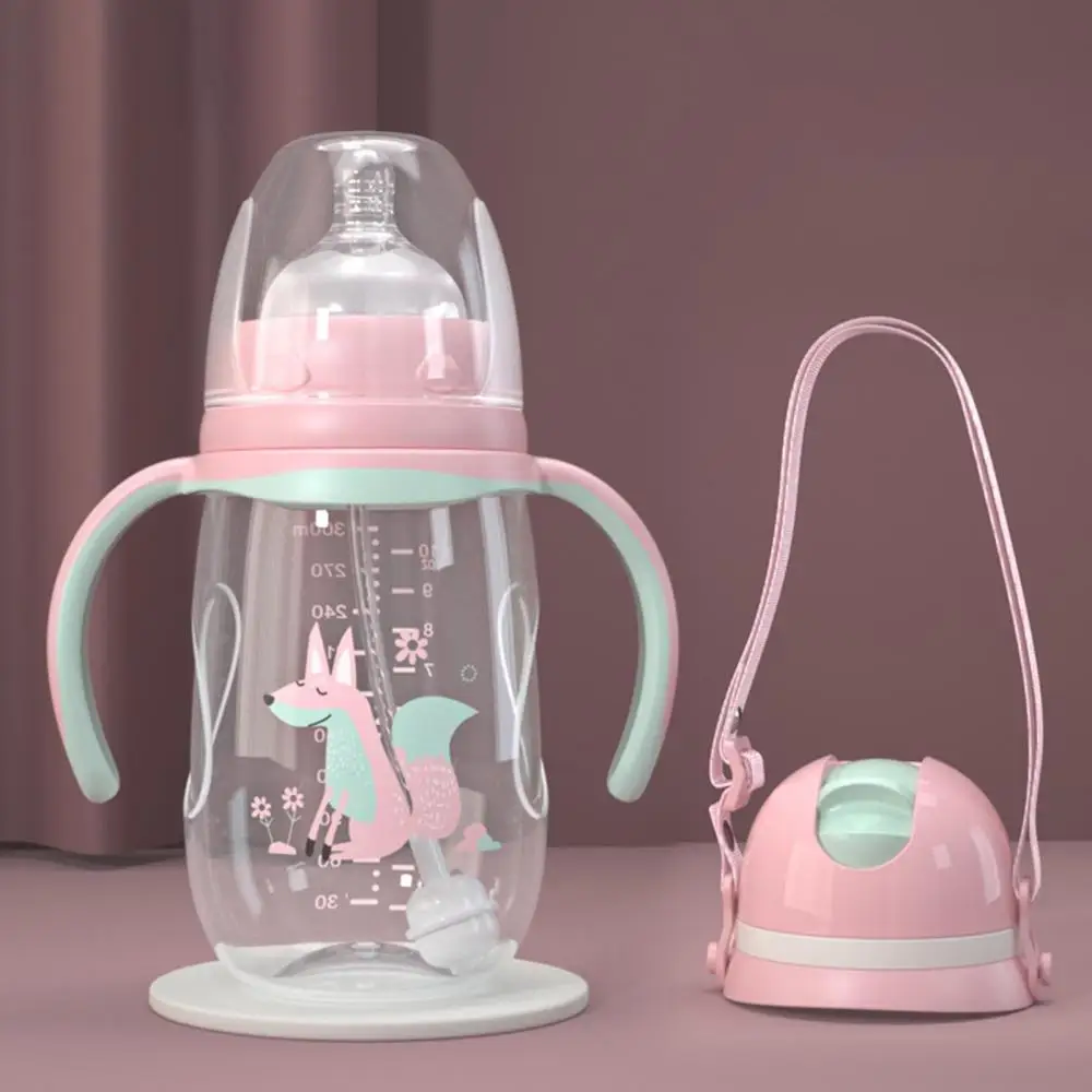 240ml/300ml Milk Bottle Infant Drop-proof Baby Wide-caliber with Straw Handle
