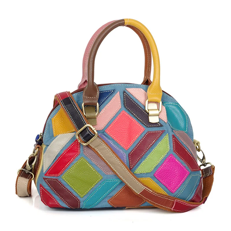 

New Style Genuine Leather Women Bag Casual Cowboy Color Cowhide Color Handmade Contrast Color Shoulder Bag/ Hand Bag WOMEN'S Bag