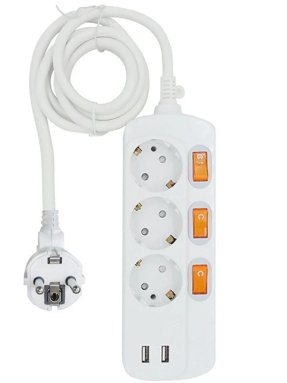 

EU PLUG 1.5/2.5m 2/3/6 Extension Socket 250V 10A/16A Individually Switched Power Strip 3AC 2USB Outlets Charger Adapter Socket
