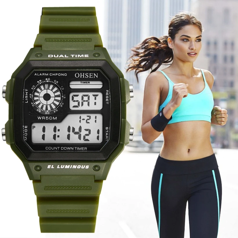 

New Ohsen Digital led Women Wristwatch reloj mujer silicone strap Alarm chrono 50M Diving Fashion Green Sport Lady Watch
