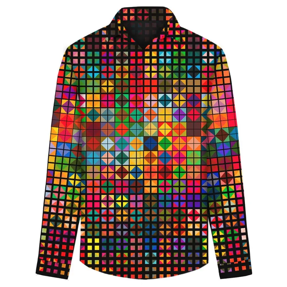 

3D Print Men's Long Sleeve Shirt Euro Size Colorful Shapes Gradient Dots On Two Sides Duplex Print Male Elegant Slim Shirts