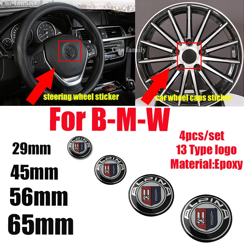 

4pcs/set 29mm 45mm 65mm 56mm Steering Sticker Wheel Hub Cap Sticker for BMW E60 E90 F10 F30 F15 E63 E64 E65 E86 E89 E85