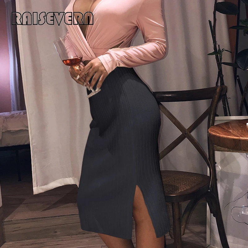 Женская облегающая элегантная юбка-карандаш средней длины с разрезом, эластичная лента, осенне-зимняя теплая трикотажная прямая юбка, ребристые юбки, женские юбки