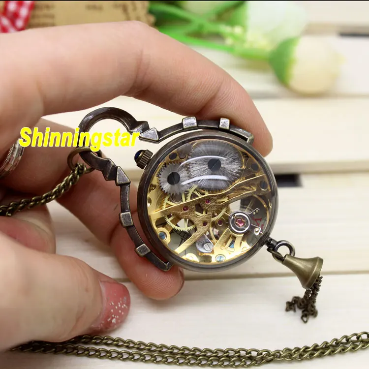 Luxo Transparente Bola Relógio de Bolso Mecânico Colar Numerais Romanos Dial Alta Qualidade Pingente Fob Corrente Relógio para Homens - Image 6