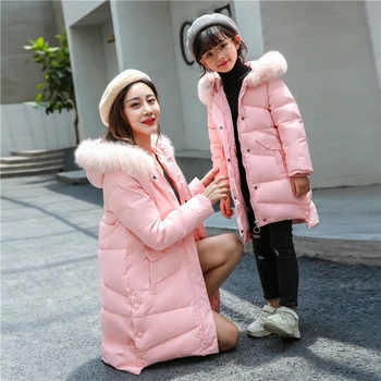 

Girls Russian Winter Warm Duck Down Jackets Parent-child Big Fur Hooded Down Jacket Children's Long Section Outerwear Coats