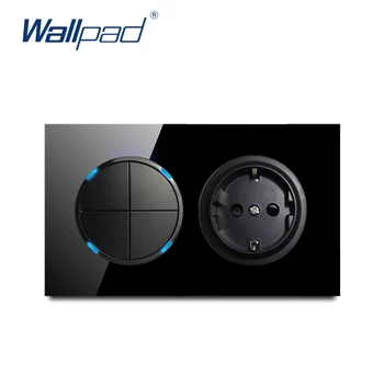 

Wallpad 4 Gang 2 Way With EU German Socket Push Button Wall Light Switch With LED Indicator Crystal Glass Panel 146*86mm