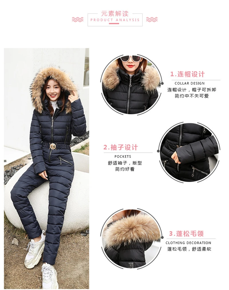 Модная зимняя новая женская хлопковая куртка сиамские комплекты тонкие женские парки толстое теплое пальто с капюшоном меховой воротник верхняя одежда B655