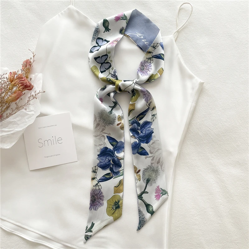 Women Silk Long Hairband Necktie Print Floral Skinny Ribbon Scarf Bag Wrist Bandana Girl Waist Popul 2021 Summer Accessories small hair clips