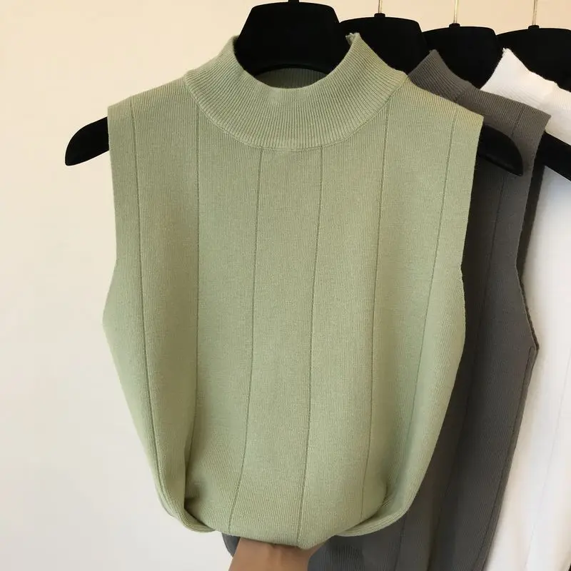 

TYHRU Autumn Female Temperament Minimalist Knitted Vest Half Turtleneck Sleeveless Slim Solid Color Sweater Vest