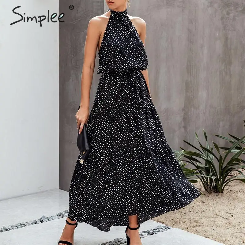 Simplee, сексуальное женское платье в горошек, плюс размер, без рукавов, высокая талия, пояс, макси, бохо, платье, повседневное, праздничное, Пляжное, вечерние, летнее платье