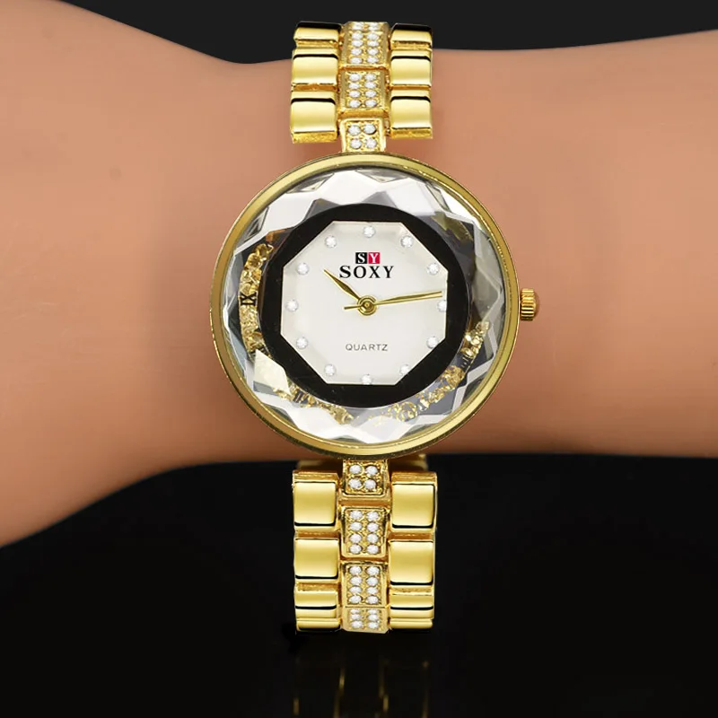 

SOXY Top Luxury Brand Fashion Geometric Women Watches Gold Full Stainless Steel Bracelet Lady's Clock Crystal Women Watch