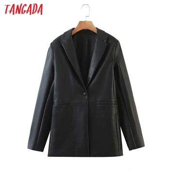 

Tangada Women Black Faux Leather Blazer Coat Vintage Notched Collar Long Sleeve 2020 Fashion Female Loose Chic Tops 8H44