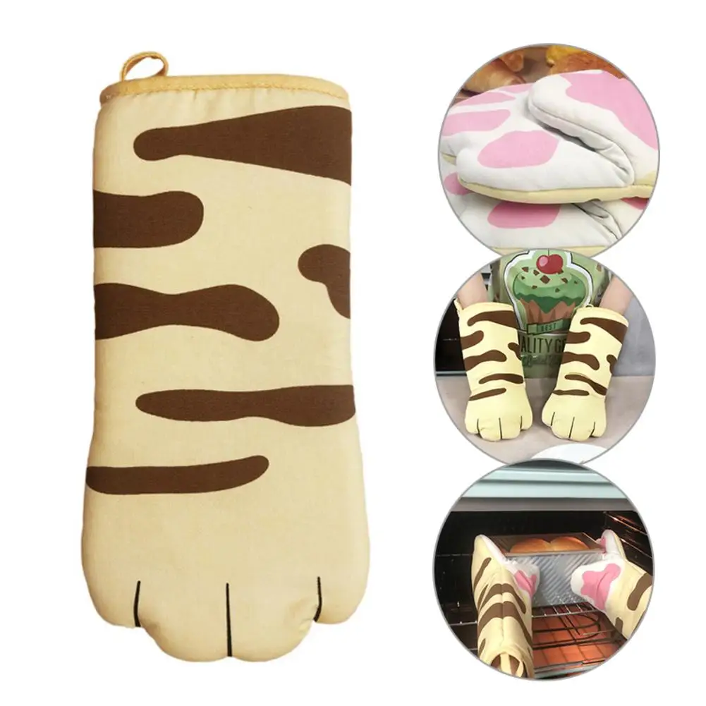 3D Cartoon Cat Paws Oven Mitts Long Cotton Baking Insulation Gloves Microwave Heat Resistant Non-slip Kitchen Gloves Tool 1pcs