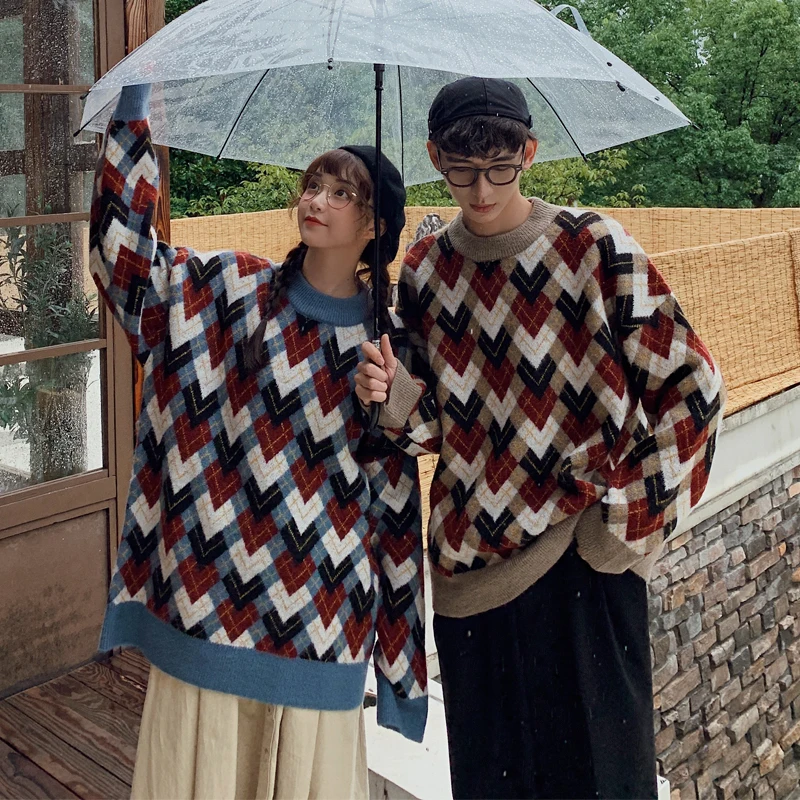 Privathinker Couple Plaid Jacquard Fashion Sweaters Men Woman O-Neck Autumn Winter Clothes Pullovers Female Thicken Warm Sweater - Цвет: Blue(AsianSize)
