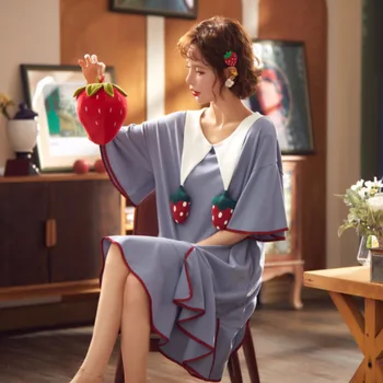 

Summer Sweet Ruffles Nightdress Young Lady Cute Cotton Home Dress Sweet Strawberry Trim Nightgown Loose Half Sleeve Nightwear