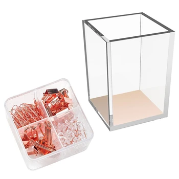 

1 Pcs Acrylic Square Pen Pencil Holder Stationery Organizer & 171Pcs Rose Gold Office Stationery Set With Clear Box