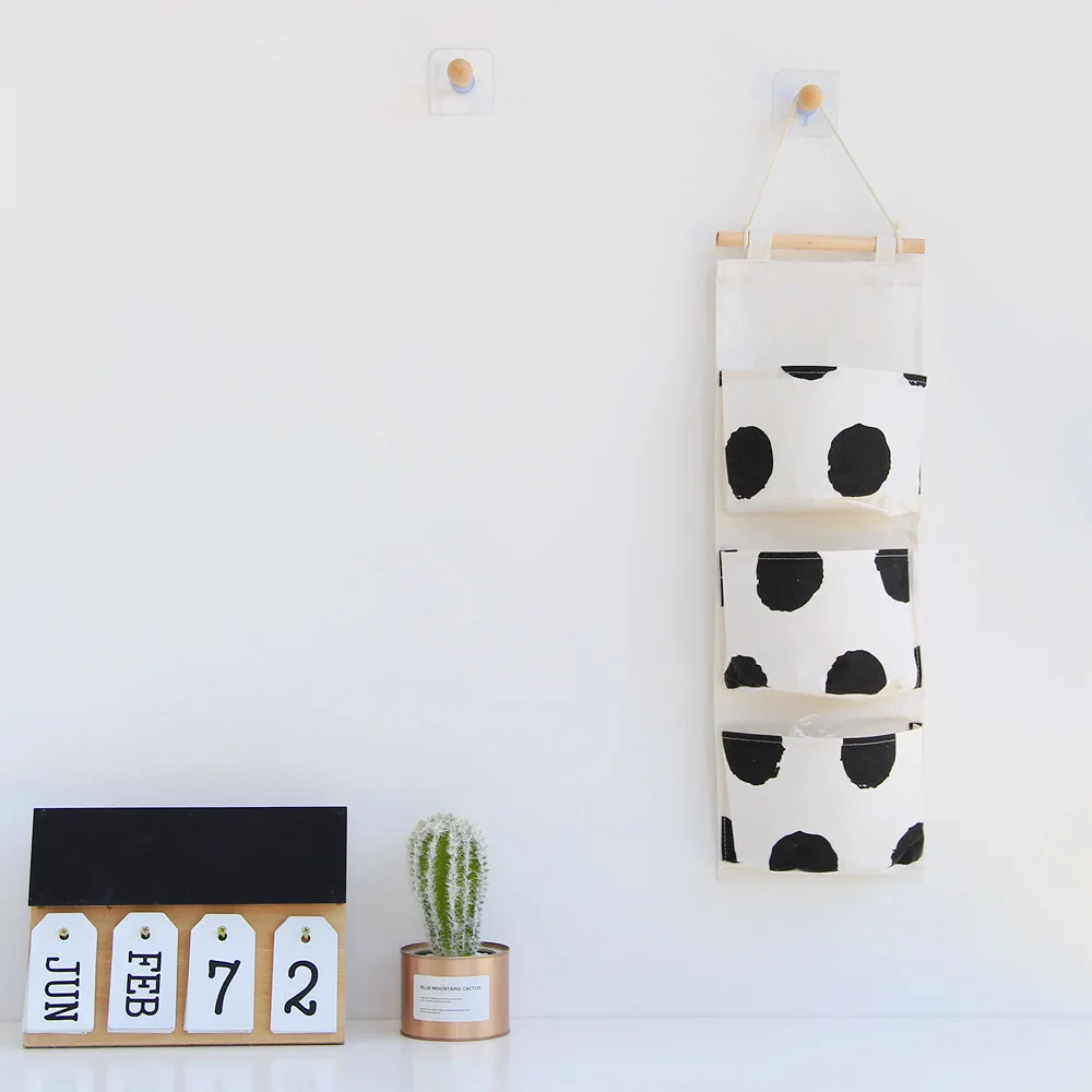 3 Pockets Hanging Storage Bag Wall Mounted Wardrobe Sundries Hanging Bag Container Fabric Cotton Pouch Cosmetic Organizer