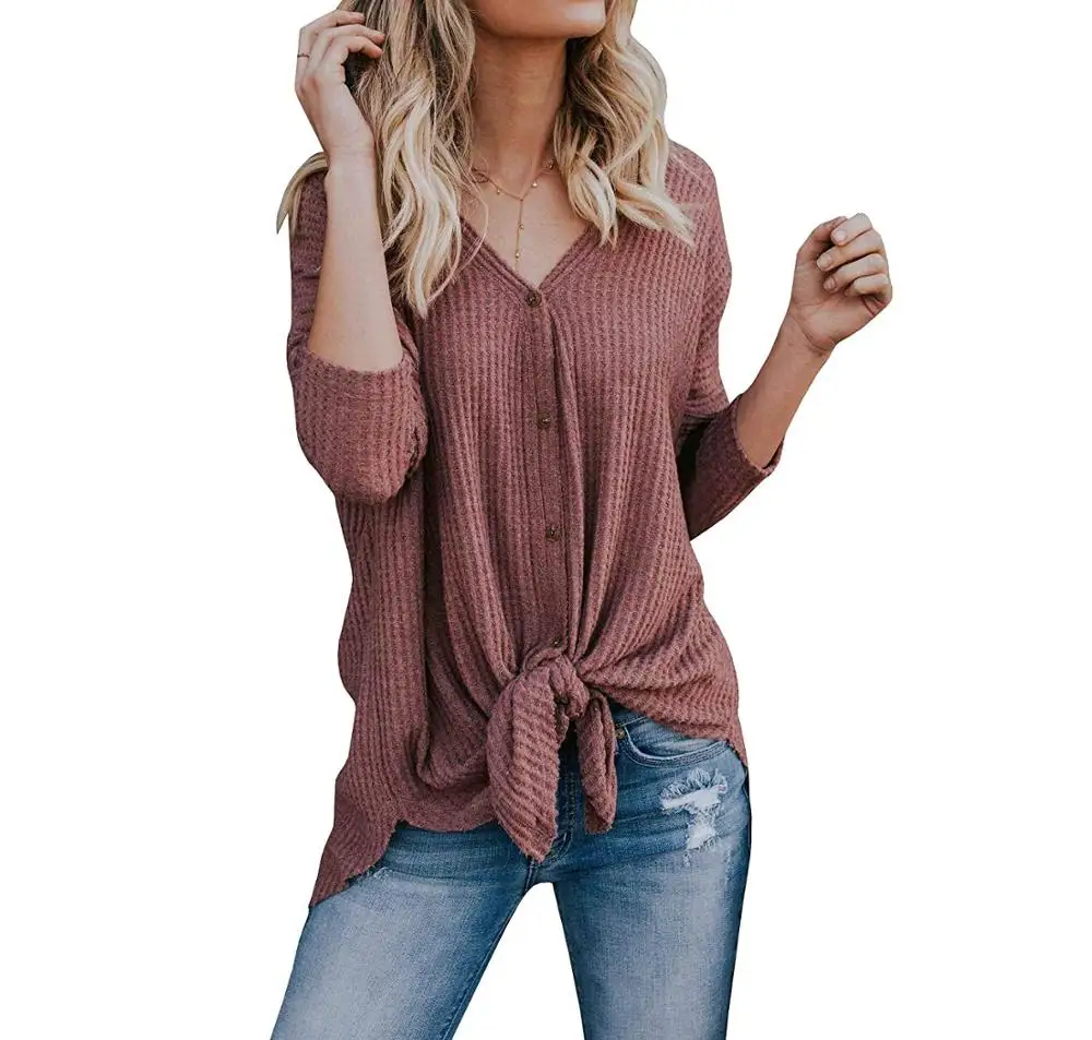 Womens Waffle Knit Tunic Blouse Tie Knot Henley Tops Fitting Bat Wing Plain Shirts