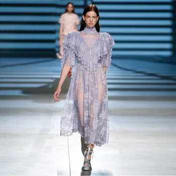 

Summer Runway Dresses 2020 Women High Quality Elegant Ruffles Short Sleeve Purple Lace Midi Party Dress Female