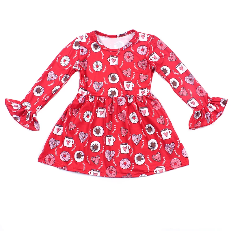 Kids Dresses for Girls Valentine's Day Sweet Heart Print Princess Dress Girl Red Donut Frock Milk Silk Boutique | Детская одежда и
