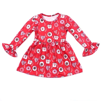 

Kids Dresses for Girls Valentine's Day Sweet Heart Print Princess Dress Girl Red Donut Frock Milk Silk Boutique Dress