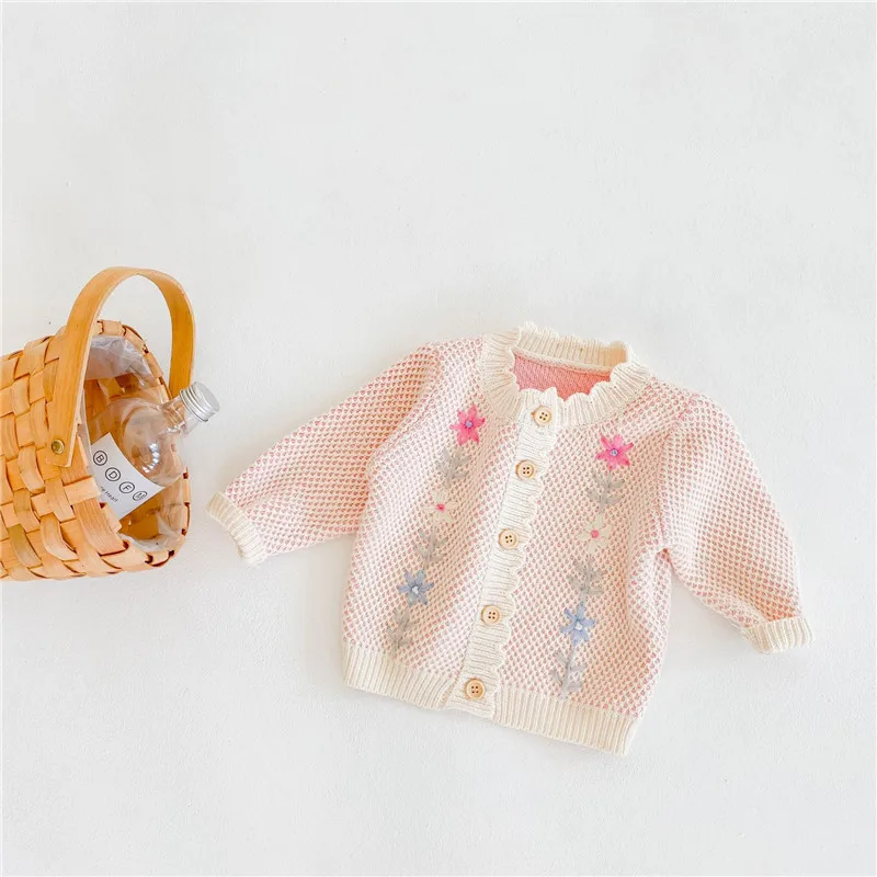 

F2020 New Infant Toddler Baby Girlâ€™s Casual Long-Sleeved Cardigan Sweet Embroidered Round Neck Single-Breasted Knitted Coat