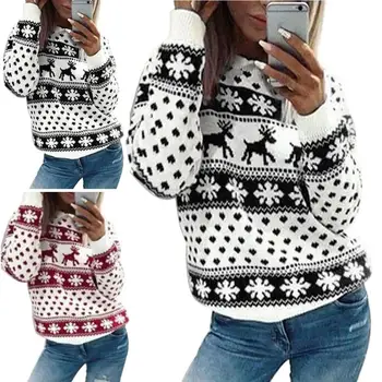 

Women Sweaters Christmas Sweaters Snowflake Elk Printed Winter Sweaters Long Sleeve O Neck Winter Pullovers Ladies Sweaters