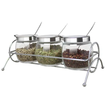 

1 Set 3 Pcs Clear Glass Condiment Spice Jars with Thickened Electroplated Iron Frame Storage Container Condiment Jars Cruet with