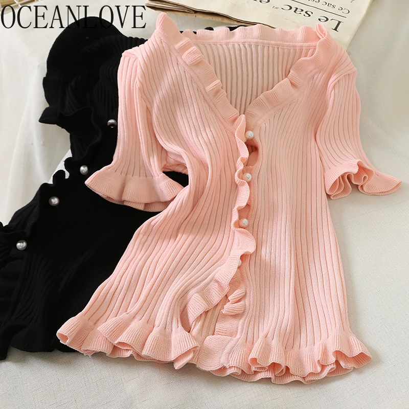 

OCEANLOVE Korean Solid Ruffles Blouse Women Knitted Button V Neck Sweet Blusas Mujer Spring Summer Shirts 2020 New Chic 16186