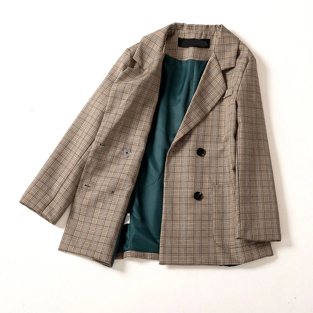 

Good Quality Autumn Fashion Plaid Blazer Women 2019 New Stylish Double Breasted Casual Loose Blazer Feminino OL Womens Suit