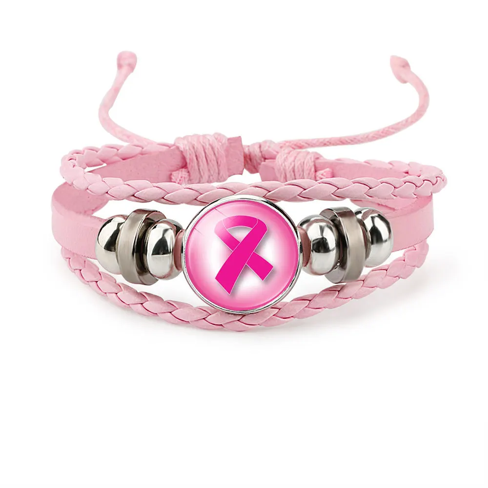 Рак молочной железы осознание надежды браслет для Для женщин розовой лентой очарование плетеный кожаный браслет-шнурок браслет ювелирные изделия ручной работы - Окраска металла: 4