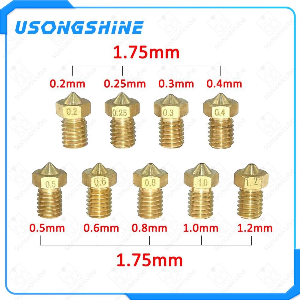 

5pcs/lot 8 kinds brass lettering nozzle V6 V5 j head brass nozzle 0.2 0.25 0.3 0.4 0.5 0.6 0.8 1.0mm For 1.75 supplies extruder