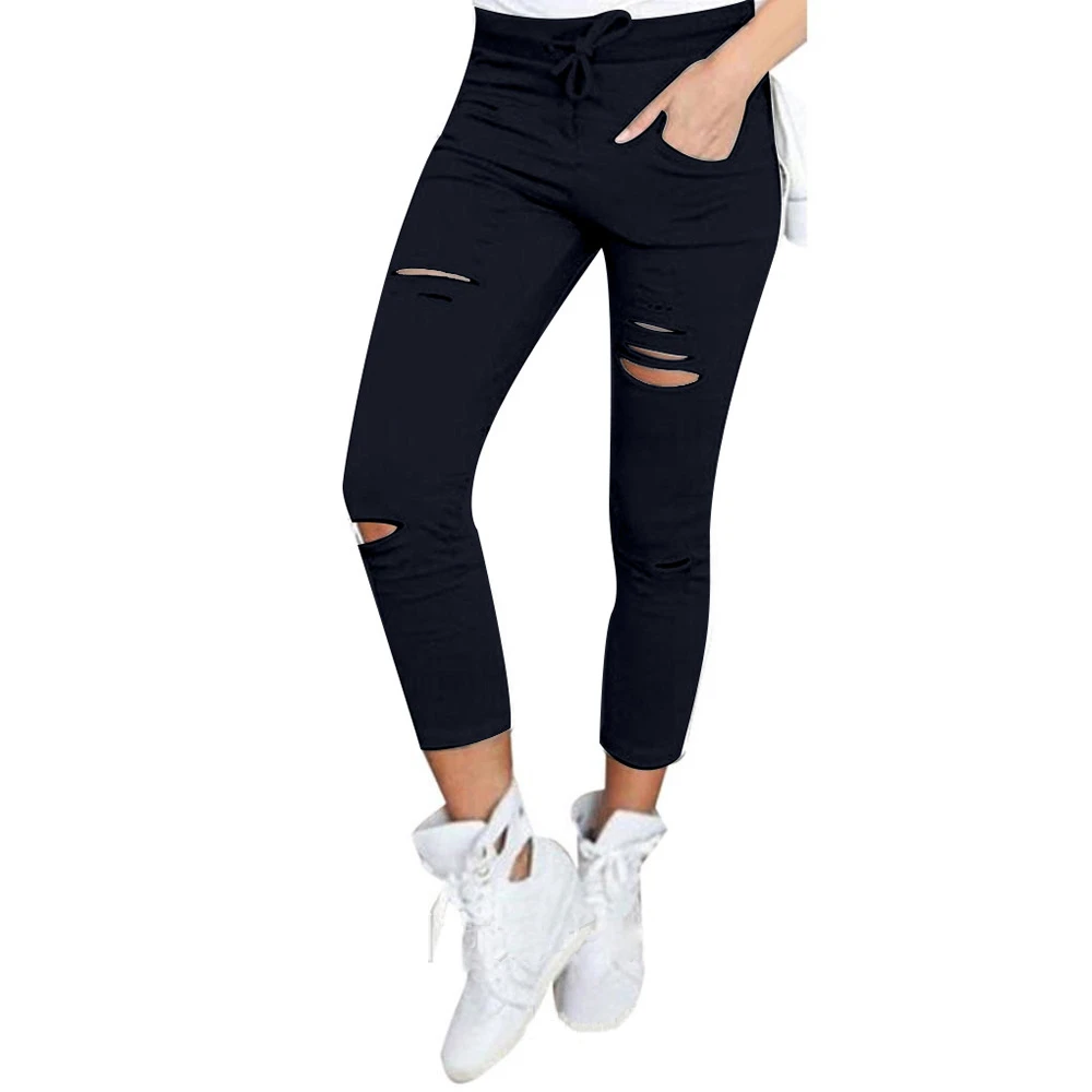 

Solid Hole Pants Woman Cotton High Waist Ankle-length Pants Pockets Drawstring Pencil Pants Skinny Pants Female Streetwear