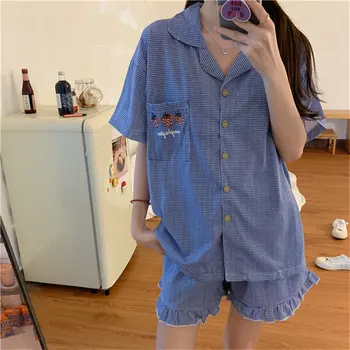 

Alien Kitty 2020 New Embroidery Strawberry Girlfriend Pajamas Suits Home Clothes Plaid Sweet All Match Loose Geometric Sleepwear