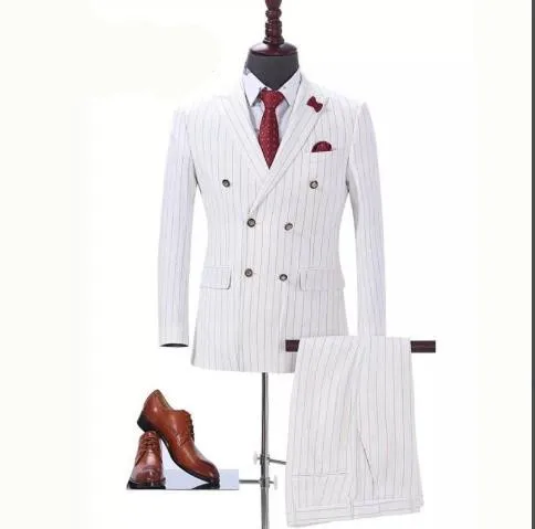 

New Arrival White Stripes Suit Men Groom Wedding Suits Slim Fit 2 Piece Tuxedo Prom Custom Blazer Terno Masuclino Jacket+Pant
