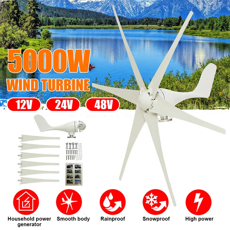 6 Fiber Blade Wind Turbines 5000W Horizontal Home Wind Generator Windmill Energy Turbines Charge 12V 24 V 48 Volt Power 12V
