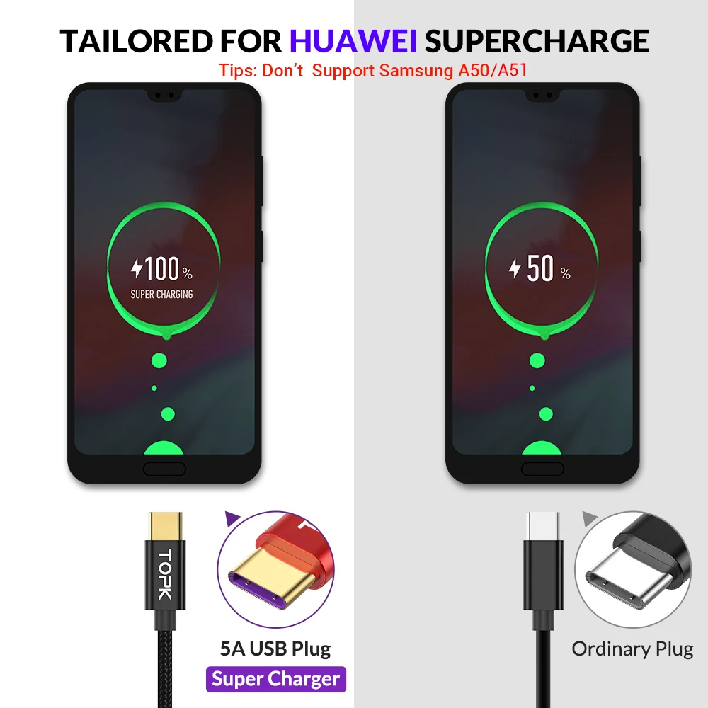 Кабель зарядный TOPK USB Type C 5 А для Samsung S9 S8 Plus|Кабели мобильных телефонов| |