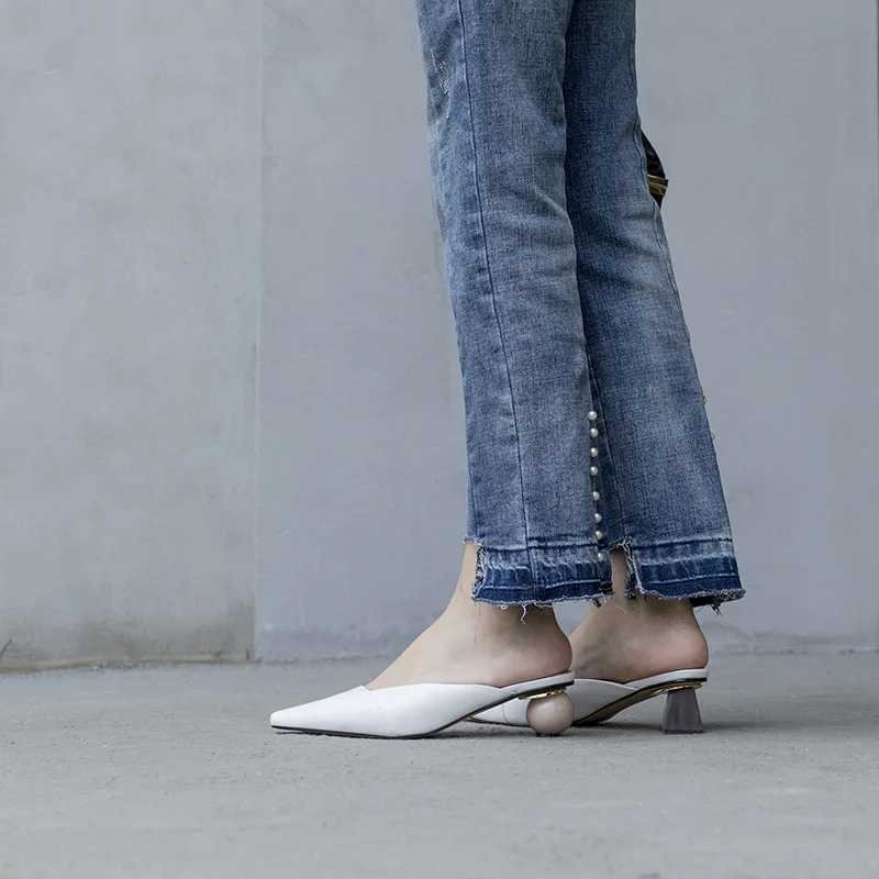

2019 Summer New Style Outer Wear without Showing Toes Semi-high Heeled Slippers Europe And America Genuine Leather Cool yi xing