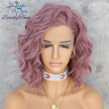 

Beautytown Short Pink Wavy High Heat Resistant Handmade Cosplay Party Drag Queen Synthetic Lace front wig for Women present