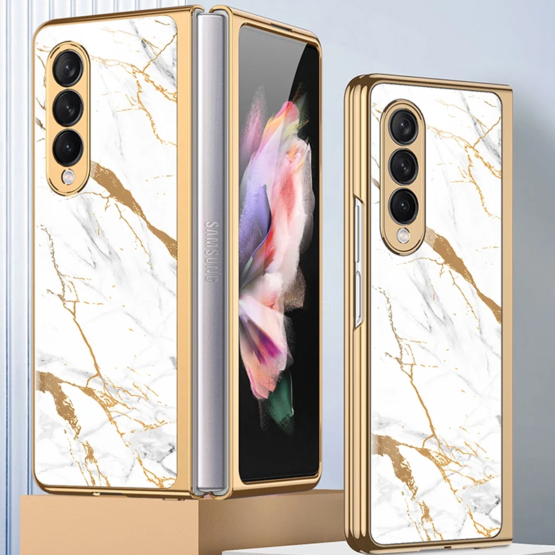 Luxury Plating Tempered Glass Case for Samsung Galaxy Z Fold 3 5G Marble Cases Plastic Frame Hard Glass Cover for Galaxy Z Fold3
