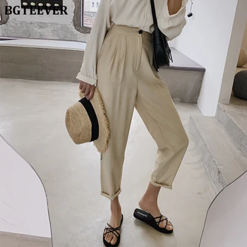

BGTEEVER Casual High Waist Pencil Linen Pants Women 2020 Solid Ankle-length Pants OL Elegant Trousers Female pantalon Summer