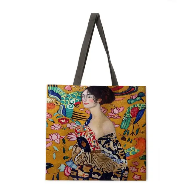 Golden oil painting leisure tote bag linen bag reusable shopping bag outdoor beach bag leisure tote bag 8