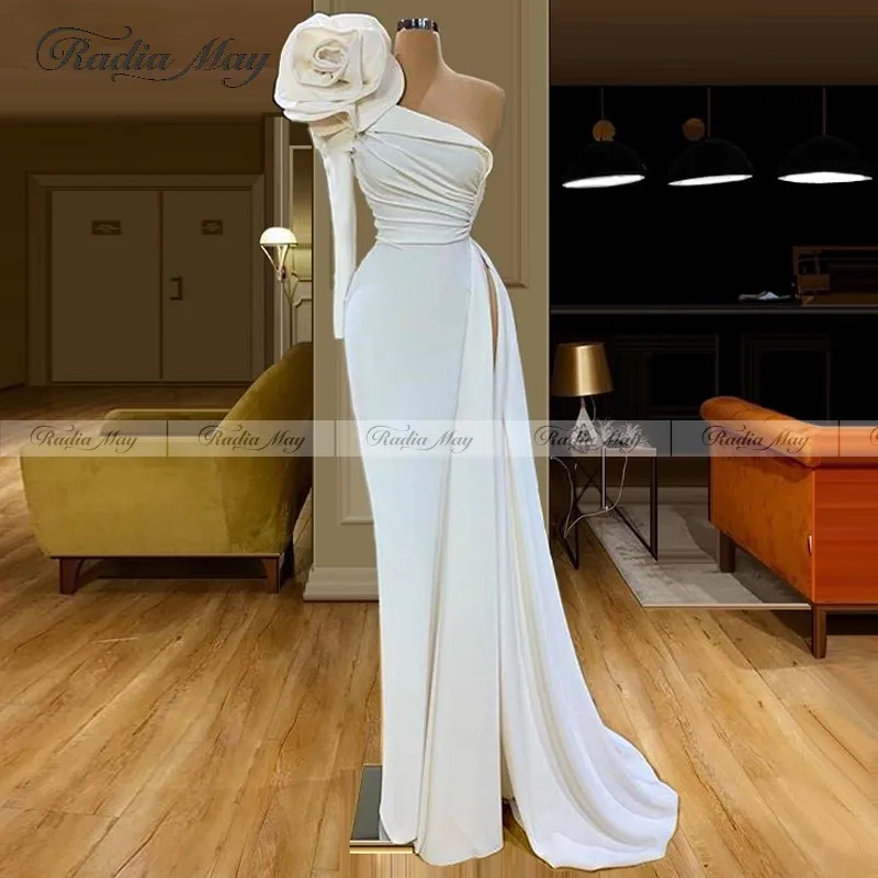 Elegante 3D Bloem Een Schouder White Prom Dresses 2020 Mermaid Hoge Split Lange Mouwen Dubai Avondjurken Vrouwen Lange Formele jurk Elegante 3D Bloem Een Schouder White Prom Dresses 2020 Mermaid Hoge Split Lange Mouwen Dubai Avondjurken Vrouwen Lange Formele jurk